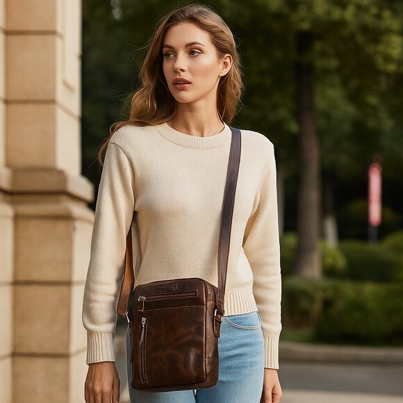 Leather Crossbody Sling Bag in Brown Crunch–Unisex Messenger Shoulder Bag - Picture 3 of 11